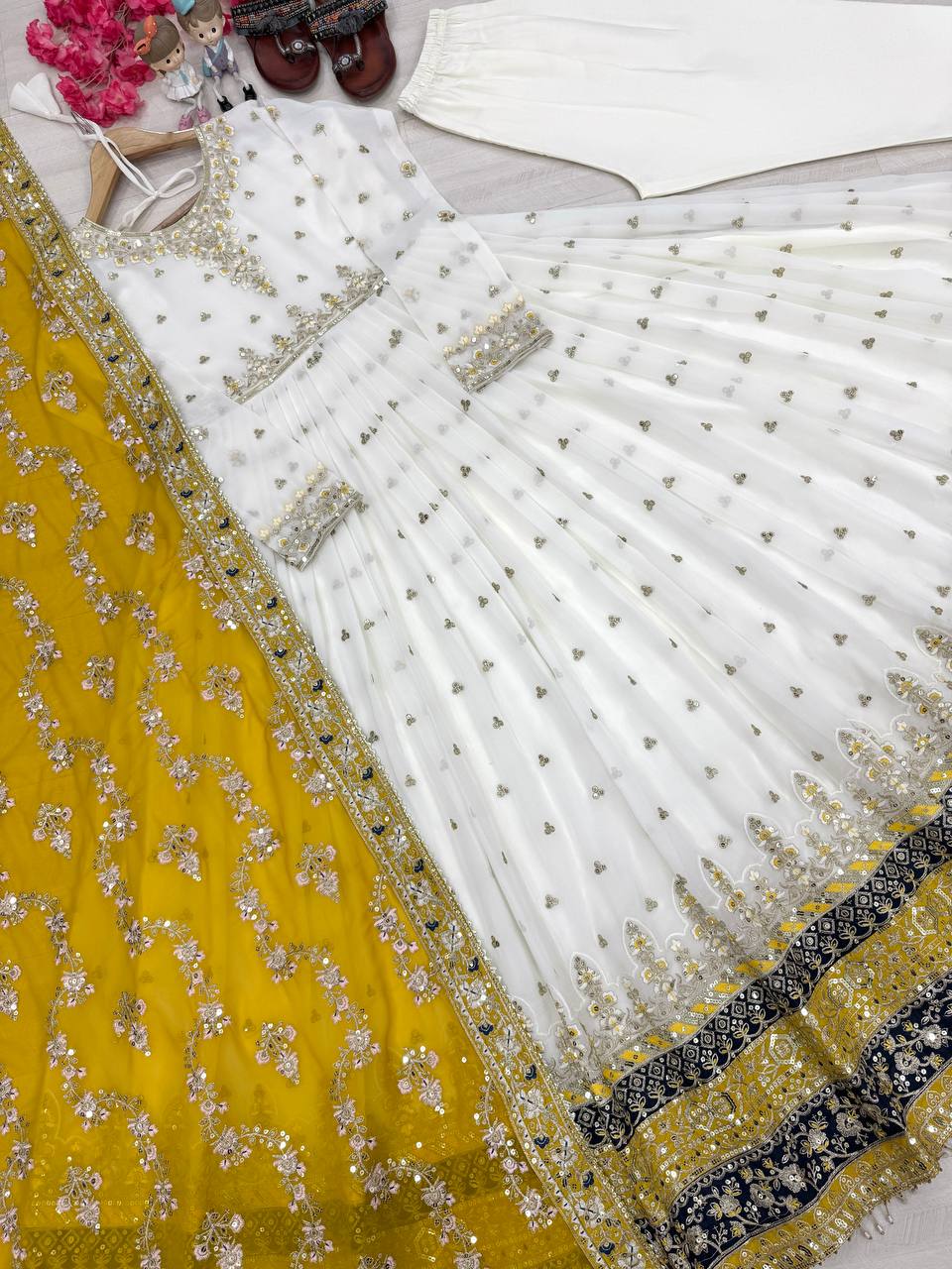 White Elegant Party Wear Heavy Faux Georgette Gown And Yellow Dupatta Set