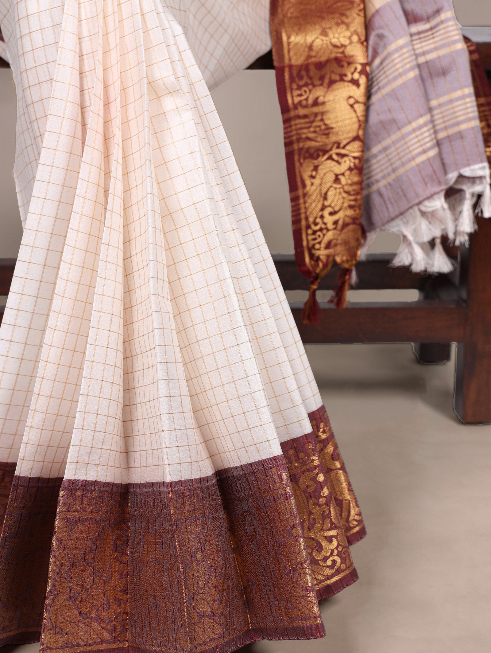 White Elegant Poly Cotton Saree with Chex Zari Weaving ClothsVilla