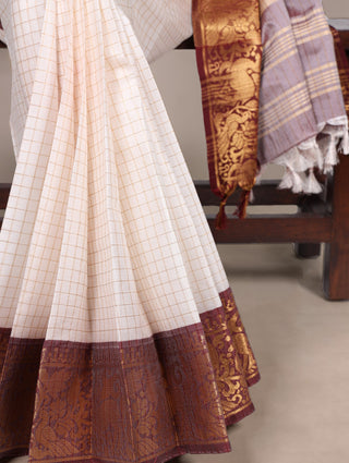 White Elegant Poly Cotton Saree with Chex Zari Weaving ClothsVilla