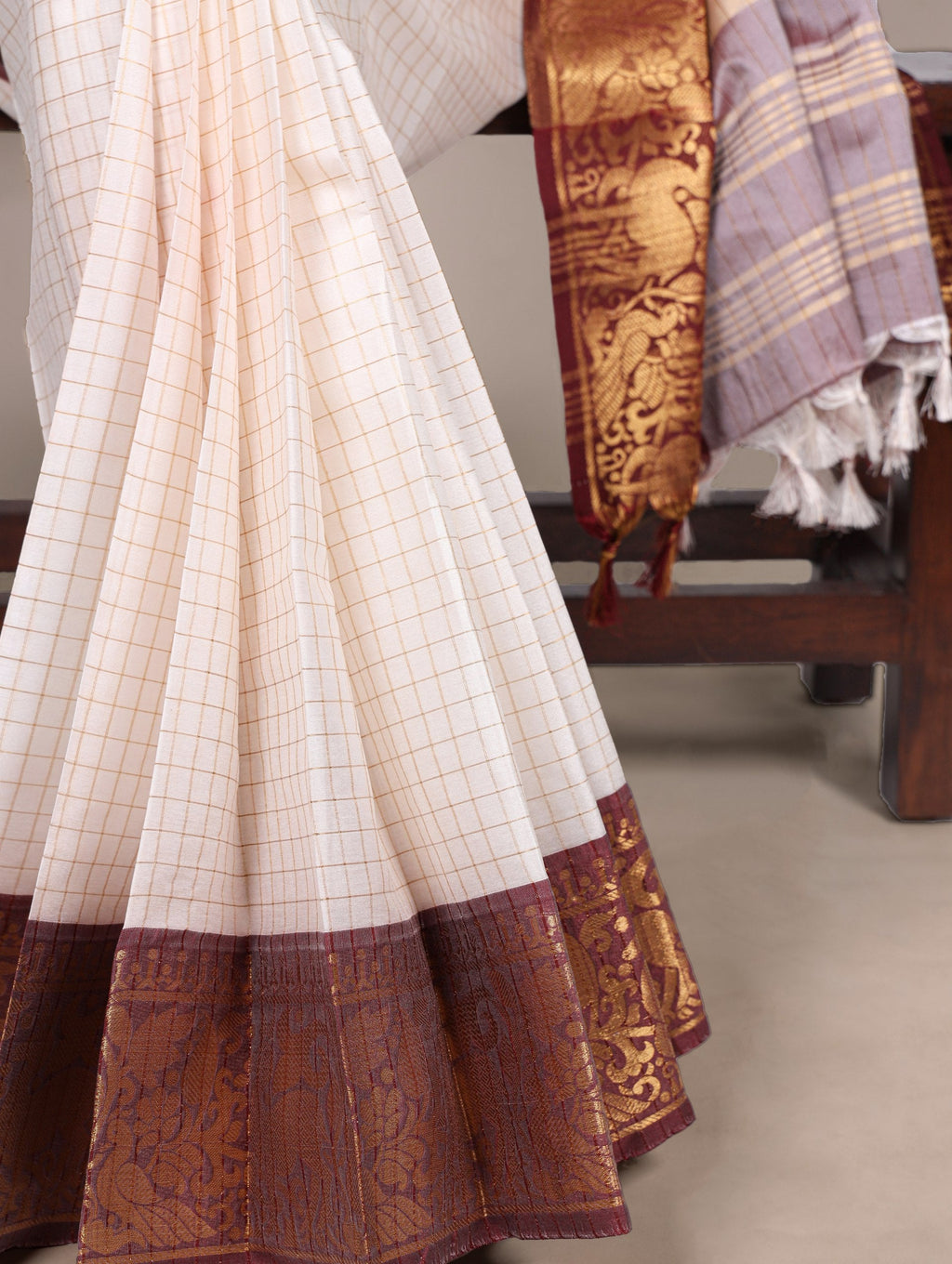 White Elegant Poly Cotton Saree with Chex Zari Weaving ClothsVilla