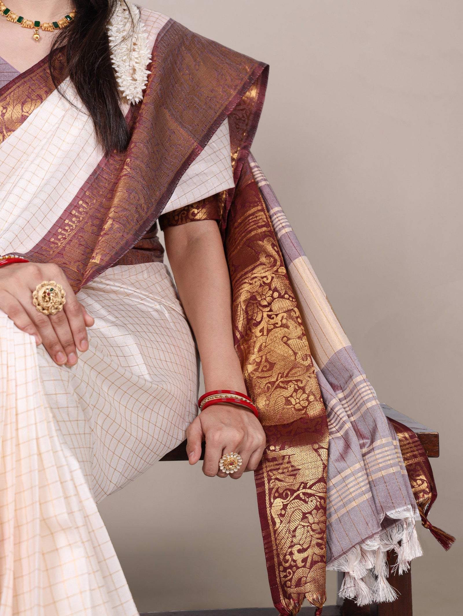 White Elegant Poly Cotton Saree with Chex Zari Weaving ClothsVilla