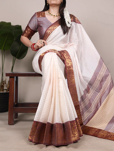 White Elegant Poly Cotton Saree with Chex Zari Weaving ClothsVilla