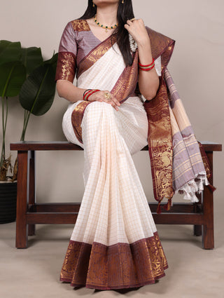 White Elegant Poly Cotton Saree with Chex Zari Weaving ClothsVilla