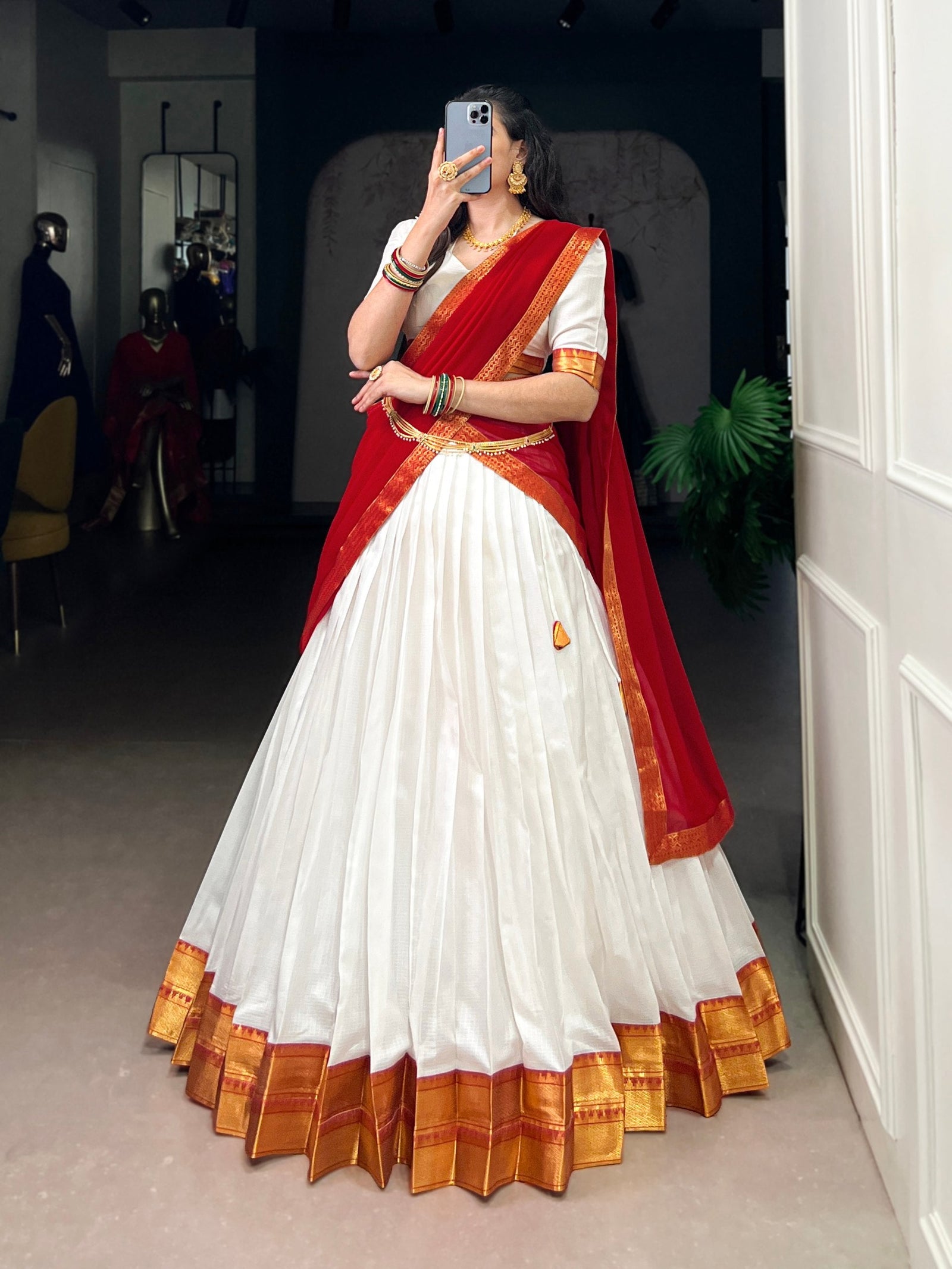 White Elegant Poly Cotton Zari Weaving Stitched Lehenga Choli with Georgette Lace-Border Dupatta Premium Festive & Wedding Wear ClothsVilla