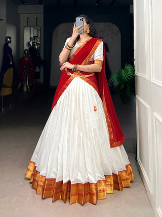 White Elegant Poly Cotton Zari Weaving Stitched Lehenga Choli with Georgette Lace-Border Dupatta Premium Festive & Wedding Wear ClothsVilla