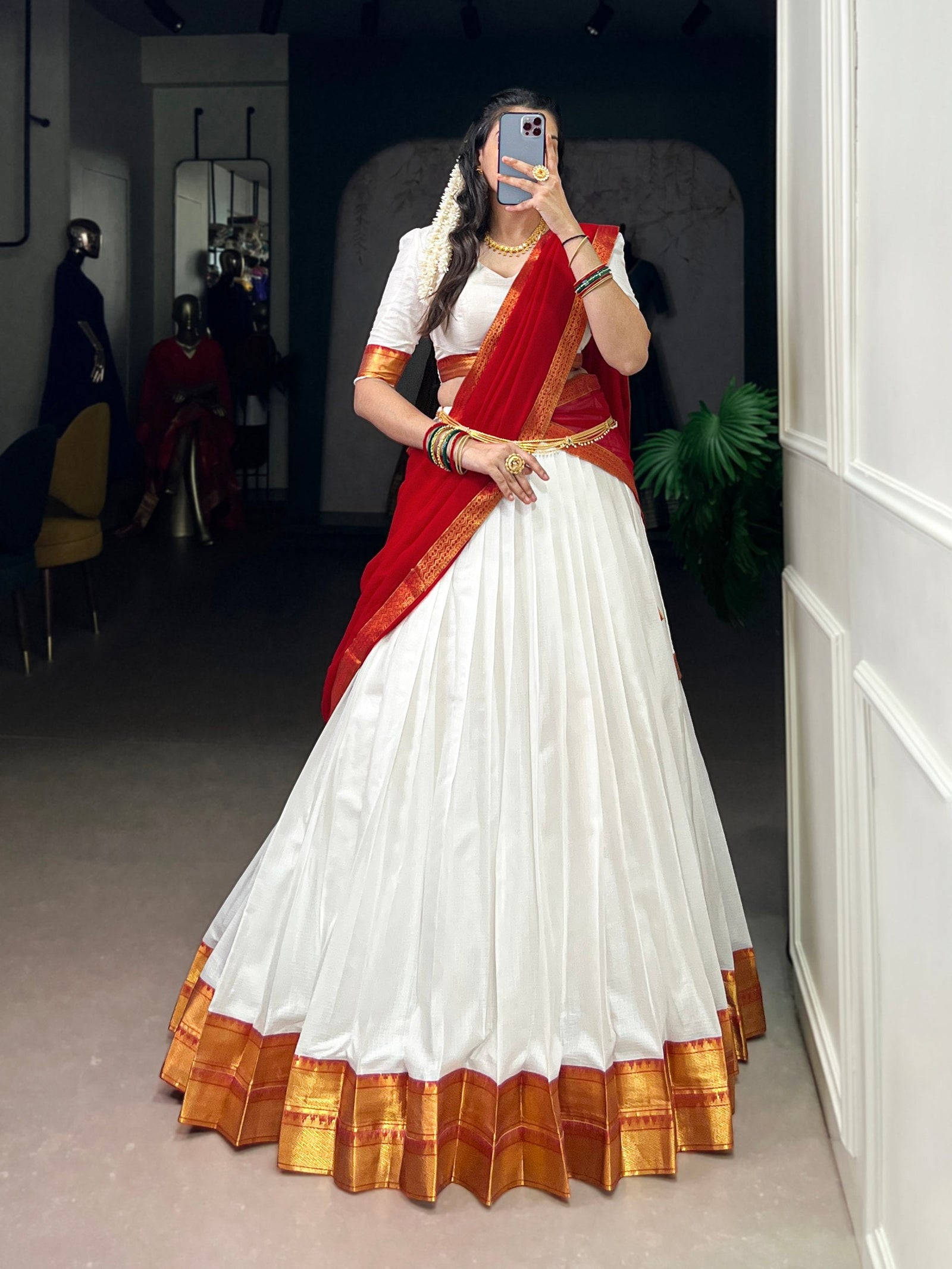 White Elegant Poly Cotton Zari Weaving Stitched Lehenga Choli with Georgette Lace-Border Dupatta Premium Festive & Wedding Wear ClothsVilla