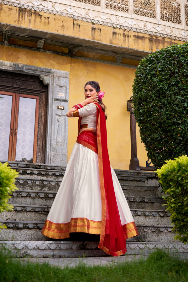 White Elegant Poly Cotton Zari Weaving Stitched Lehenga Choli with Georgette Lace-Border Dupatta Premium Festive & Wedding Wear ClothsVilla