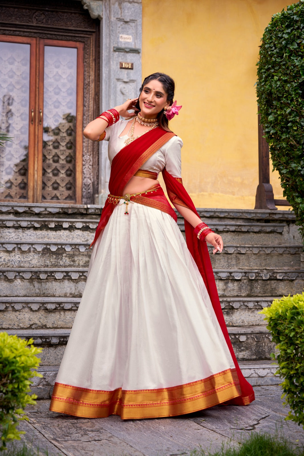 White Elegant Poly Cotton Zari Weaving Stitched Lehenga Choli with Georgette Lace-Border Dupatta Premium Festive & Wedding Wear ClothsVilla Main image