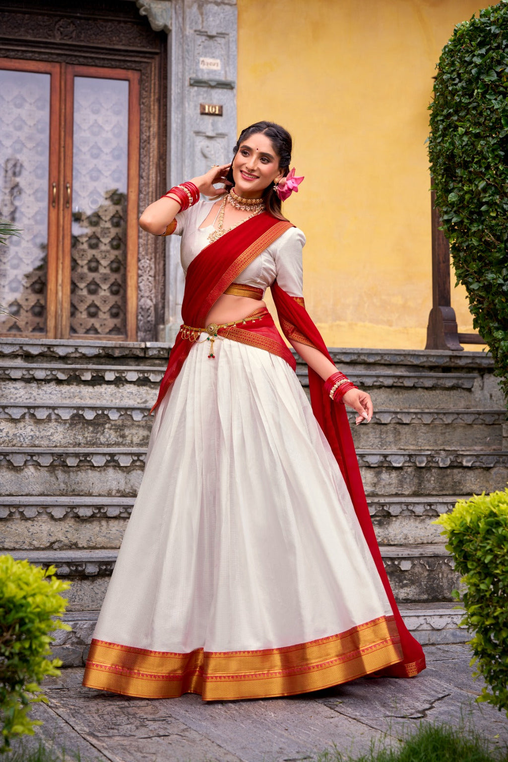 White Elegant Poly Cotton Zari Weaving Stitched Lehenga Choli with Georgette Lace-Border Dupatta Premium Festive & Wedding Wear ClothsVilla