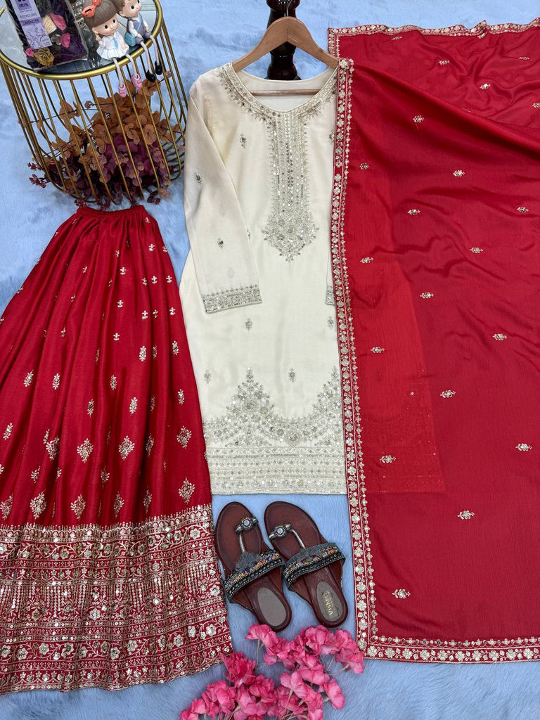 White Elegant Pur Chinon Silk Embroidered Palazzo Set with Dupatta – Fully Stitched ClothsVilla