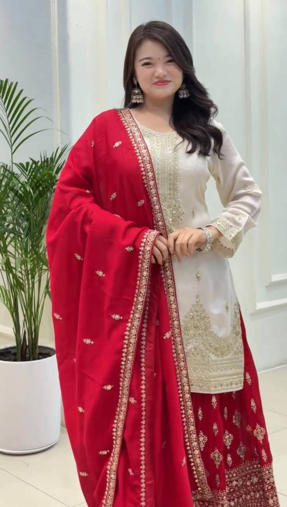 White Elegant Pur Chinon Silk Embroidered Palazzo Set with Dupatta – Fully Stitched ClothsVilla