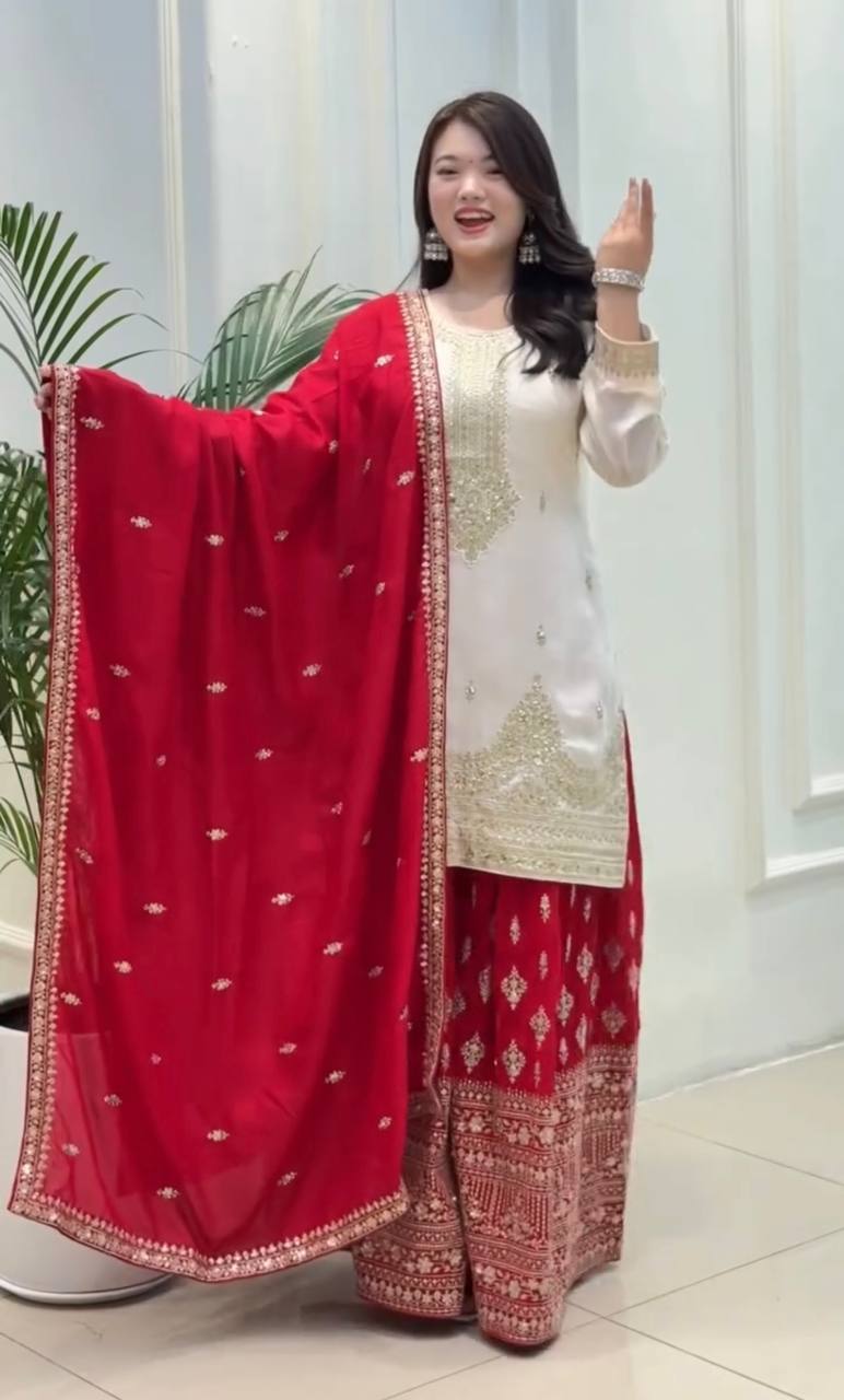 White Elegant Pur Chinon Silk Embroidered Palazzo Set with Dupatta – Fully Stitched ClothsVilla Main image