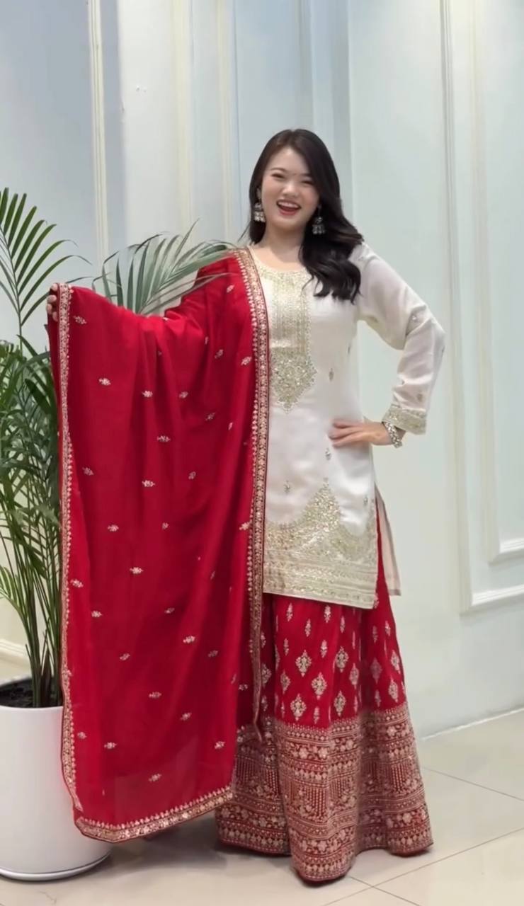 White Elegant Pur Chinon Silk Embroidered Palazzo Set with Dupatta – Fully Stitched Secondary image