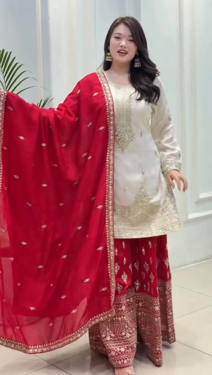 White Elegant Pur Chinon Silk Embroidered Palazzo Set with Dupatta – Fully Stitched ClothsVilla