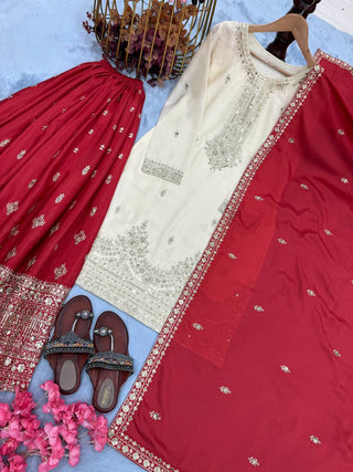 White Elegant Pur Chinon Silk Embroidered Palazzo Set with Dupatta – Fully Stitched ClothsVilla