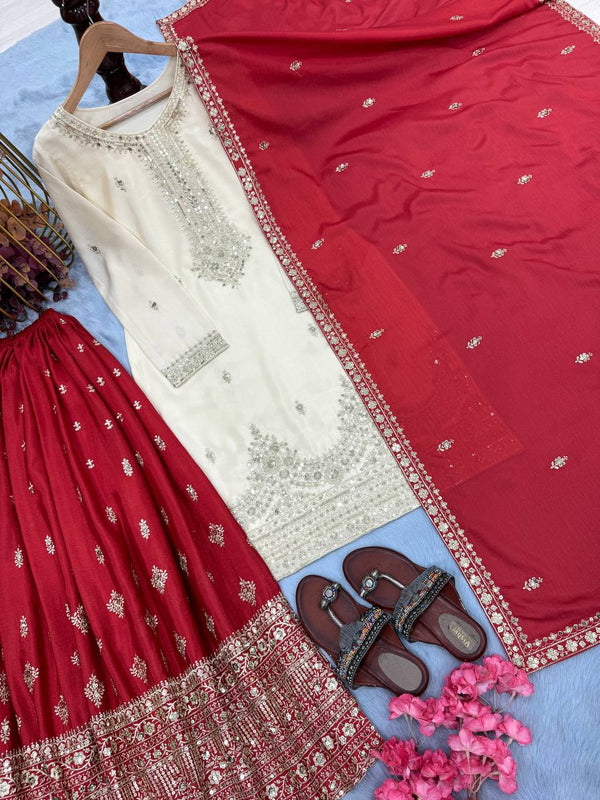 White Elegant Pur Chinon Silk Embroidered Palazzo Set with Dupatta – Fully Stitched ClothsVilla