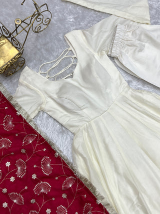 White Elegant Summer Festive Anarkali Suit with Dupatta Set