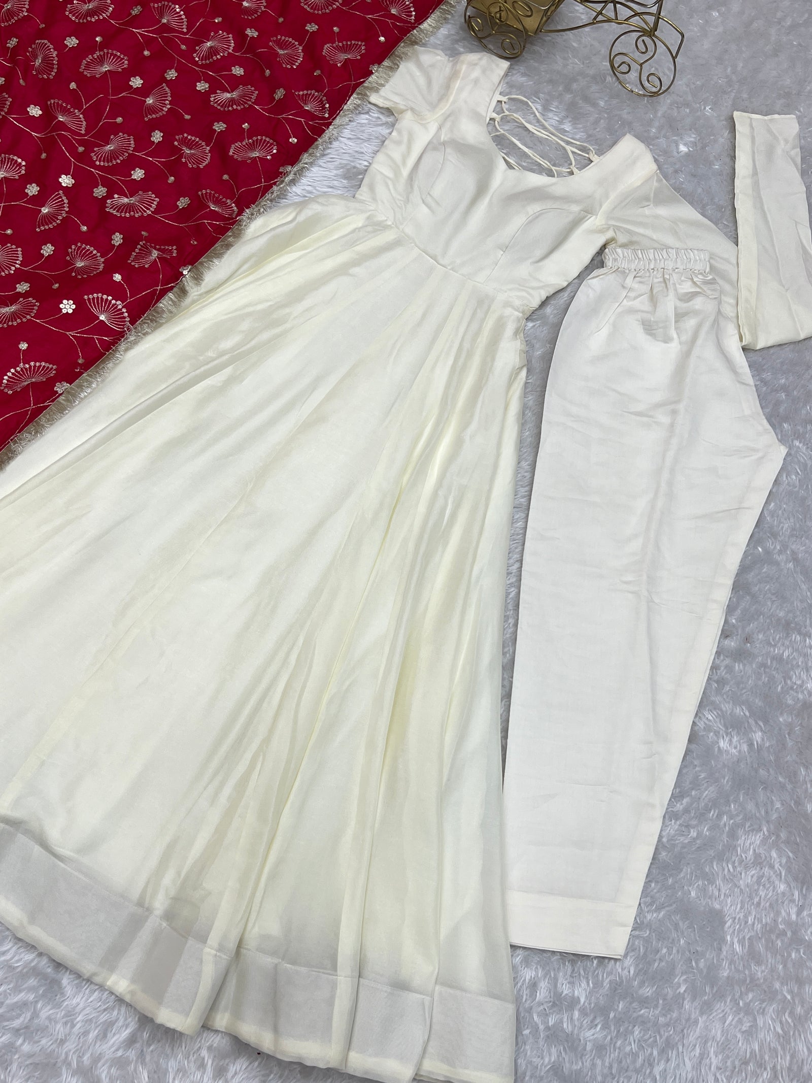 White Elegant Summer Festive Anarkali Suit with Dupatta Set