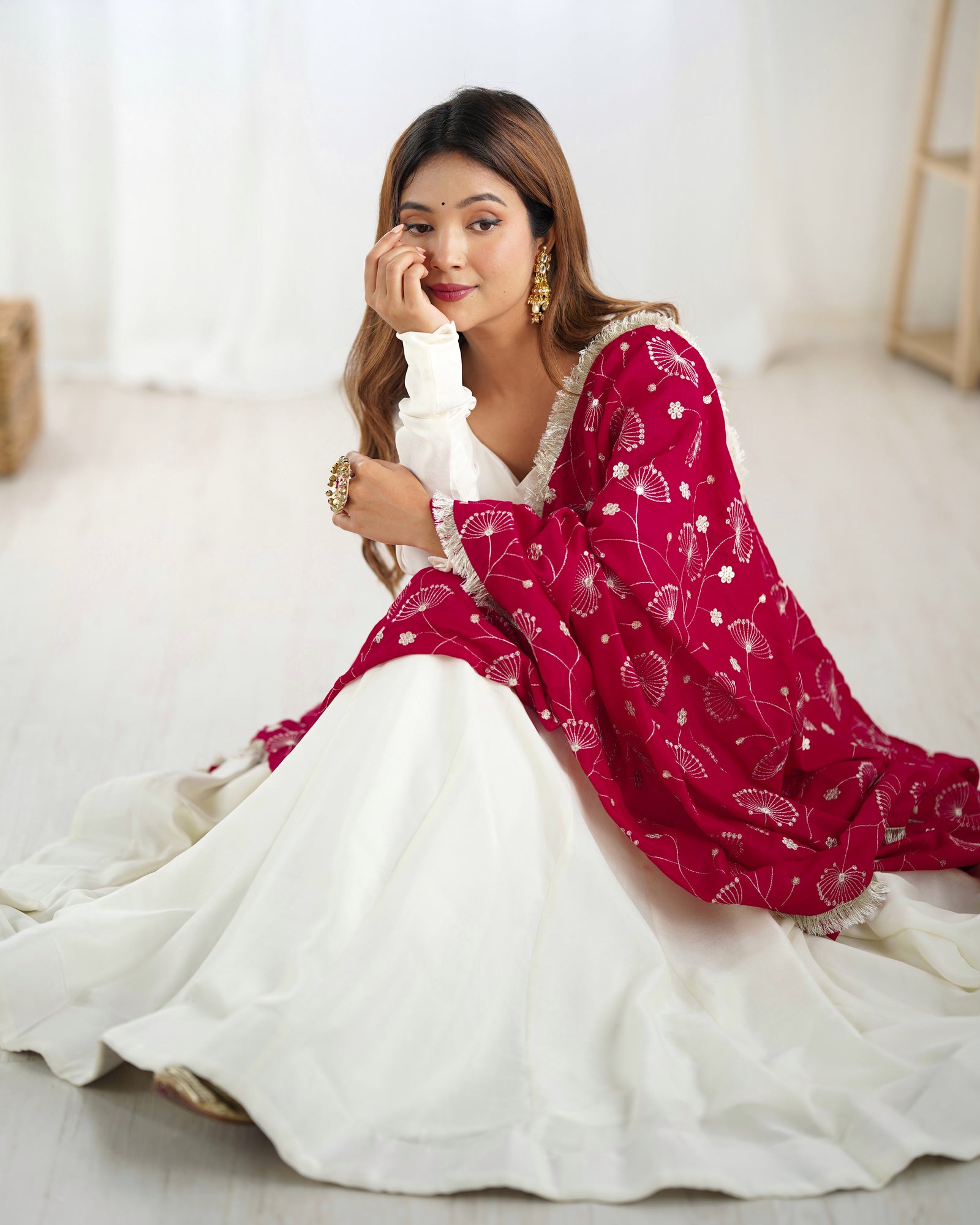 White Elegant Summer Festive Anarkali Suit with Dupatta Set