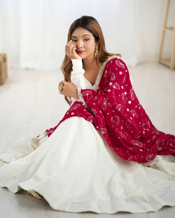 White Elegant Summer Festive Anarkali Suit with Dupatta Set