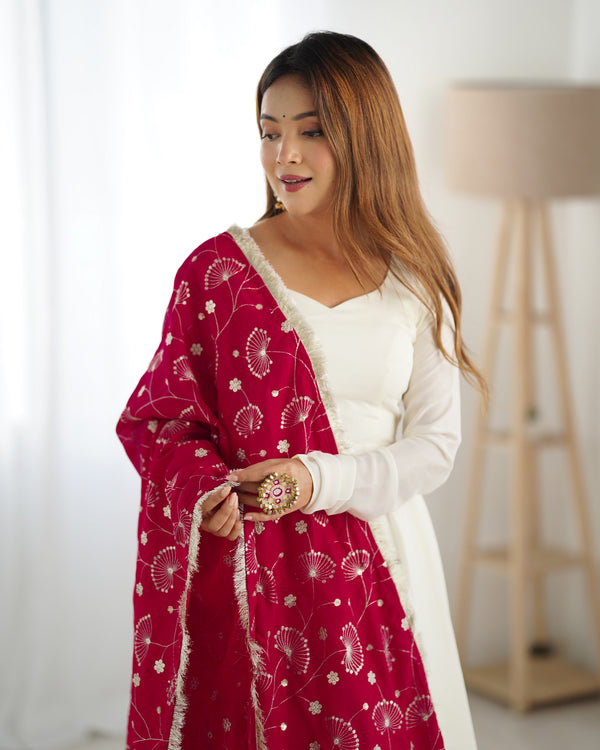 White Elegant Summer Festive Anarkali Suit with Dupatta Set