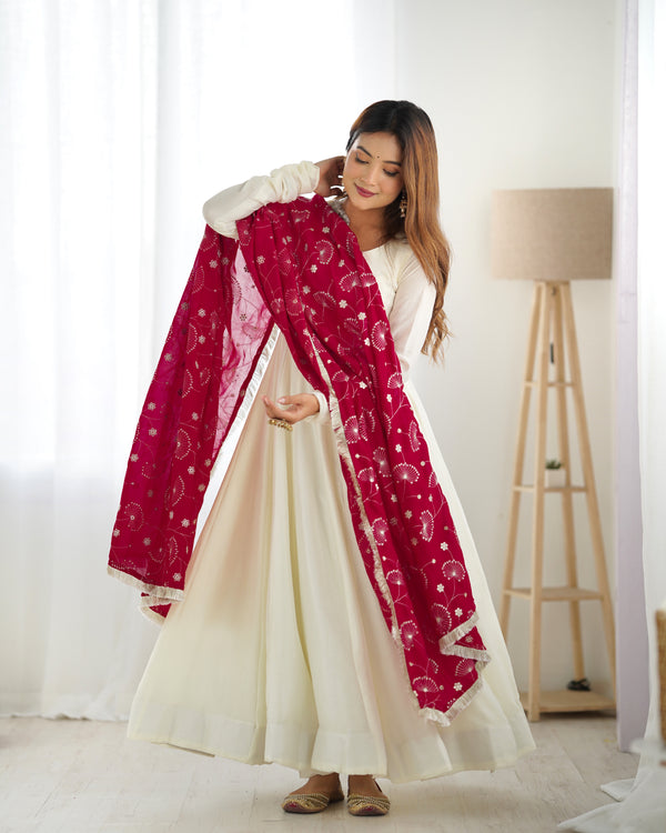 White Elegant Summer Festive Anarkali Suit with Dupatta Set