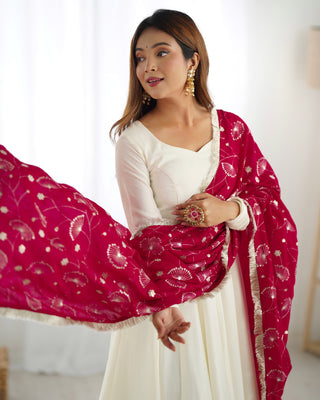 White Elegant Summer Festive Anarkali Suit with Dupatta Set