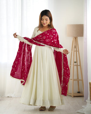 White Elegant Summer Festive Anarkali Suit with Dupatta Set