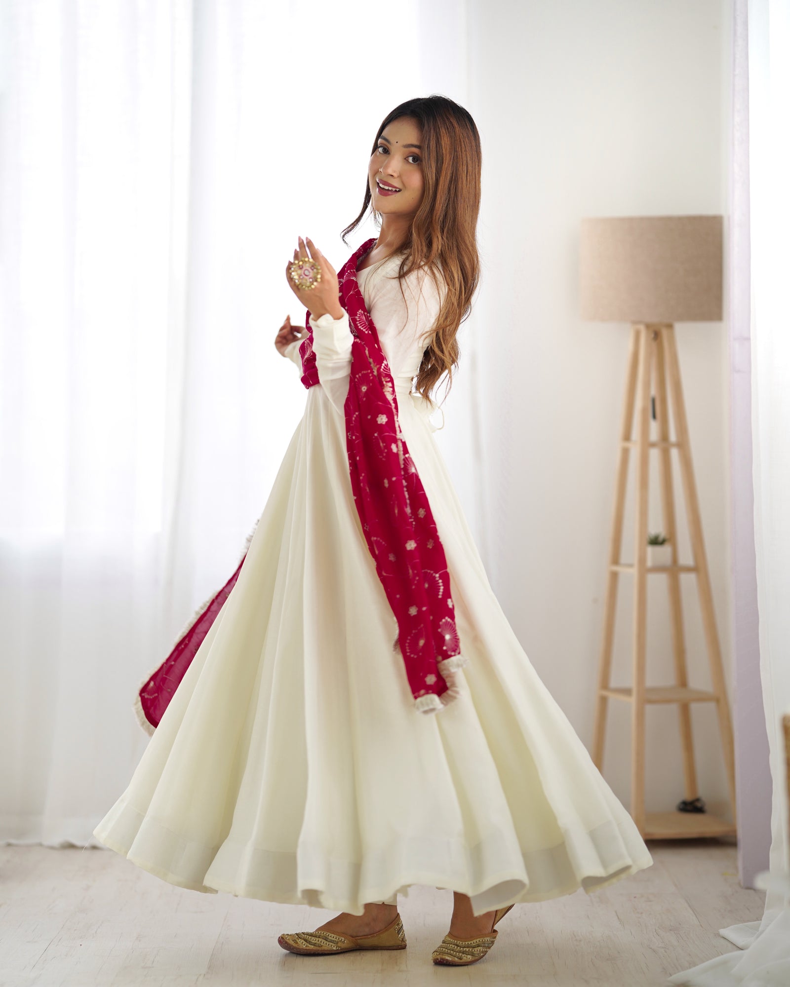 White Elegant Summer Festive Anarkali Suit with Dupatta Set