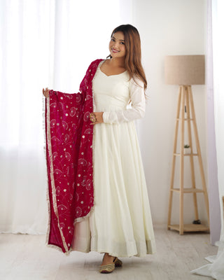 White Elegant Summer Festive Anarkali Suit with Dupatta Set