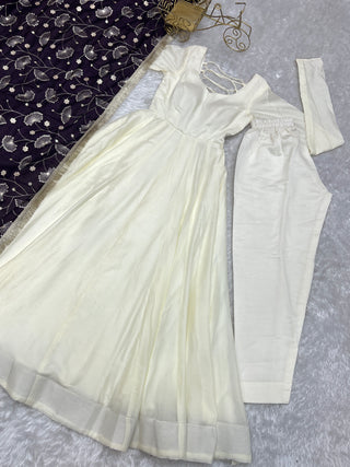 White Elegant Summer Festive Anarkali Suit with Dupatta Set