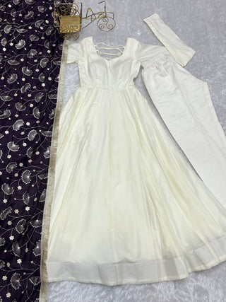 White Elegant Summer Festive Anarkali Suit with Dupatta Set