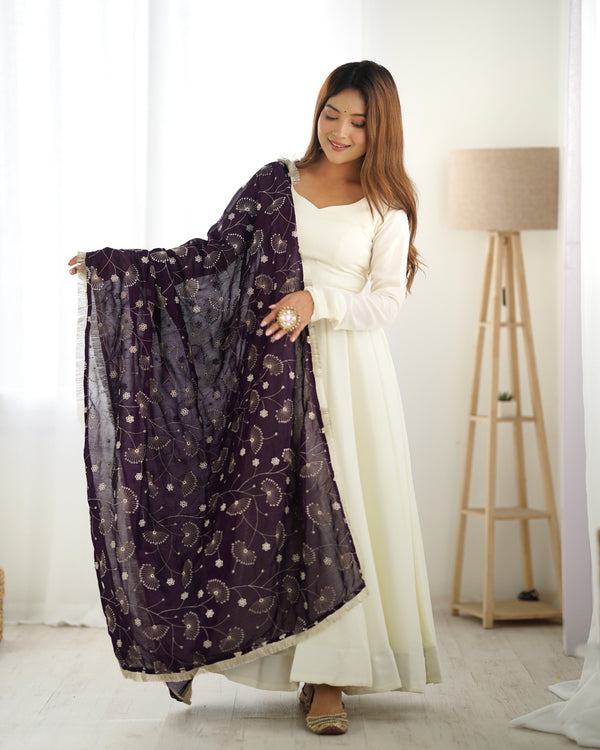 White Elegant Summer Festive Anarkali Suit with Dupatta Set