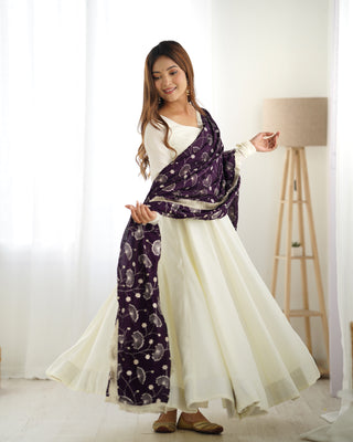 White Elegant Summer Festive Anarkali Suit with Dupatta Set