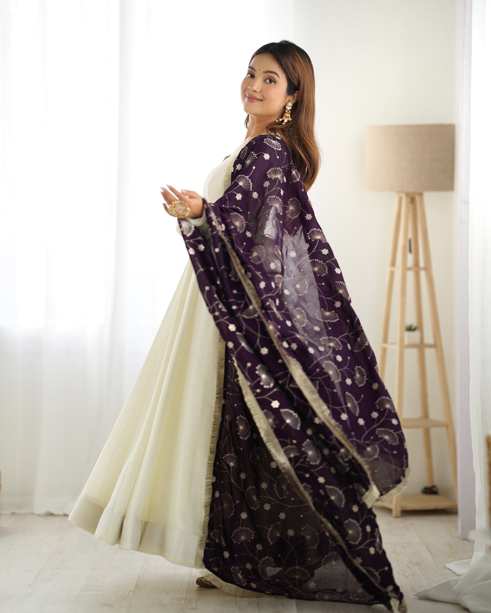White Elegant Summer Festive Anarkali Suit with Dupatta Set