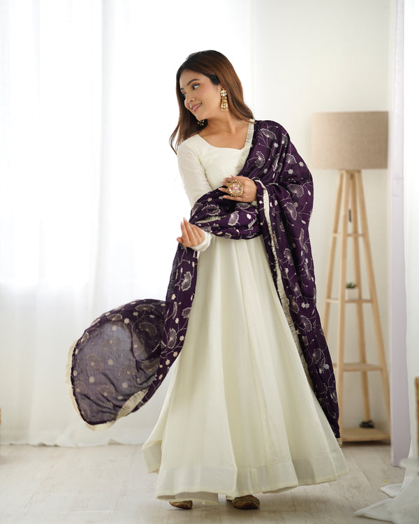 White Elegant Summer Festive Anarkali Suit with Dupatta Set