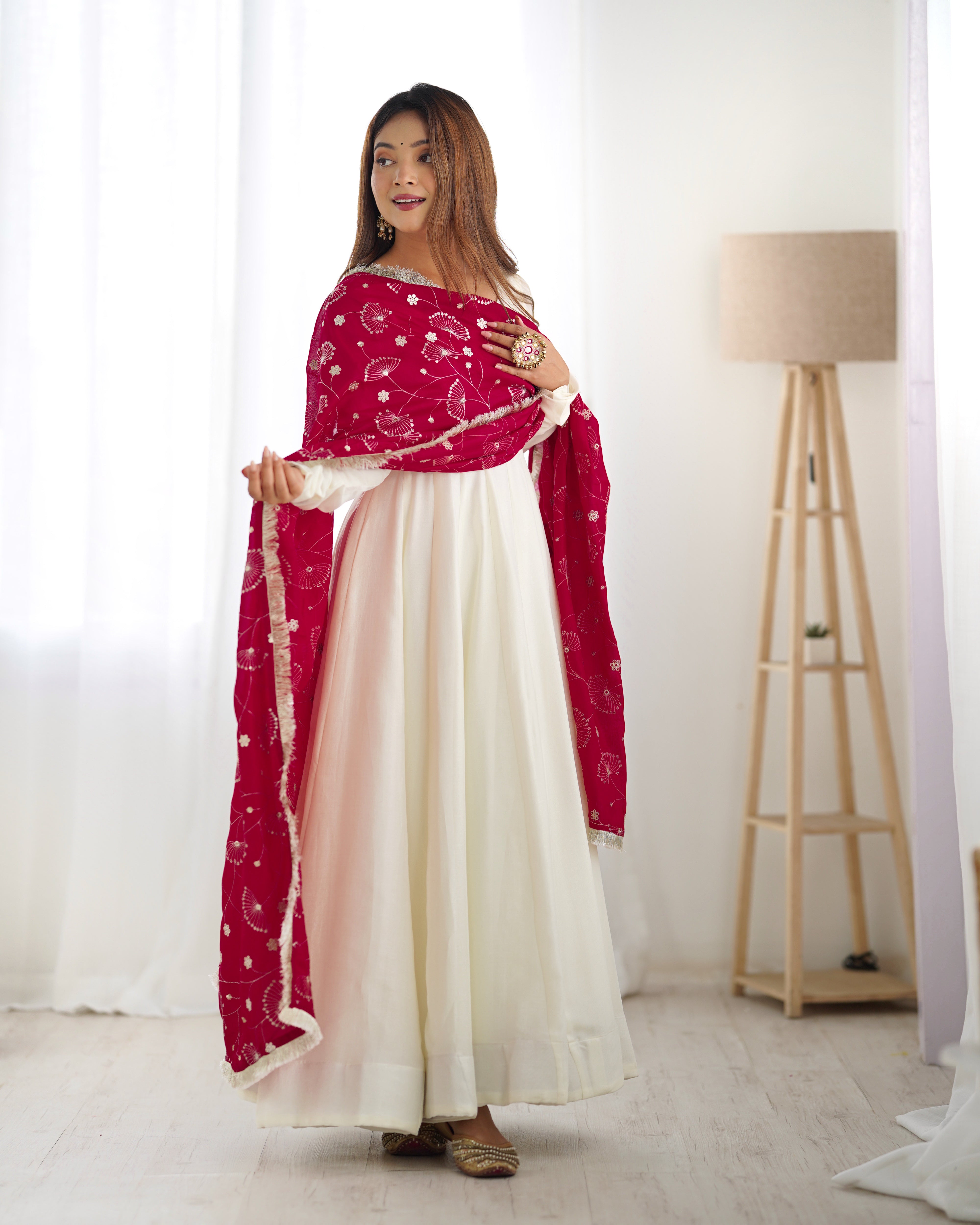 White Elegant Summer Festive Anarkali Suit with Dupatta Set Main image