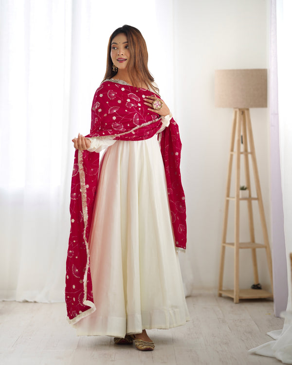 White Elegant Summer Festive Anarkali Suit with Dupatta Set