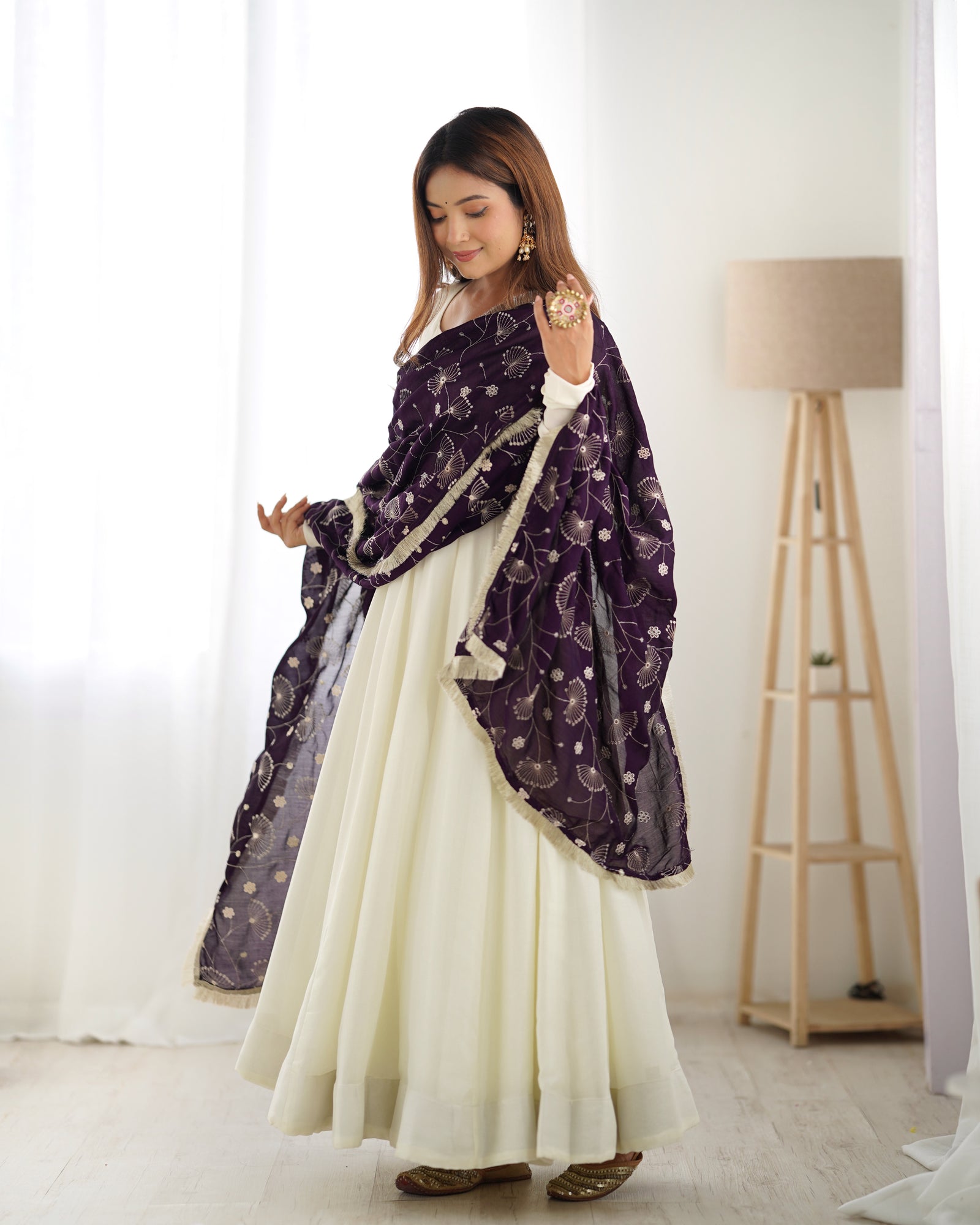 White Elegant Summer Festive Anarkali Suit with Dupatta Set
