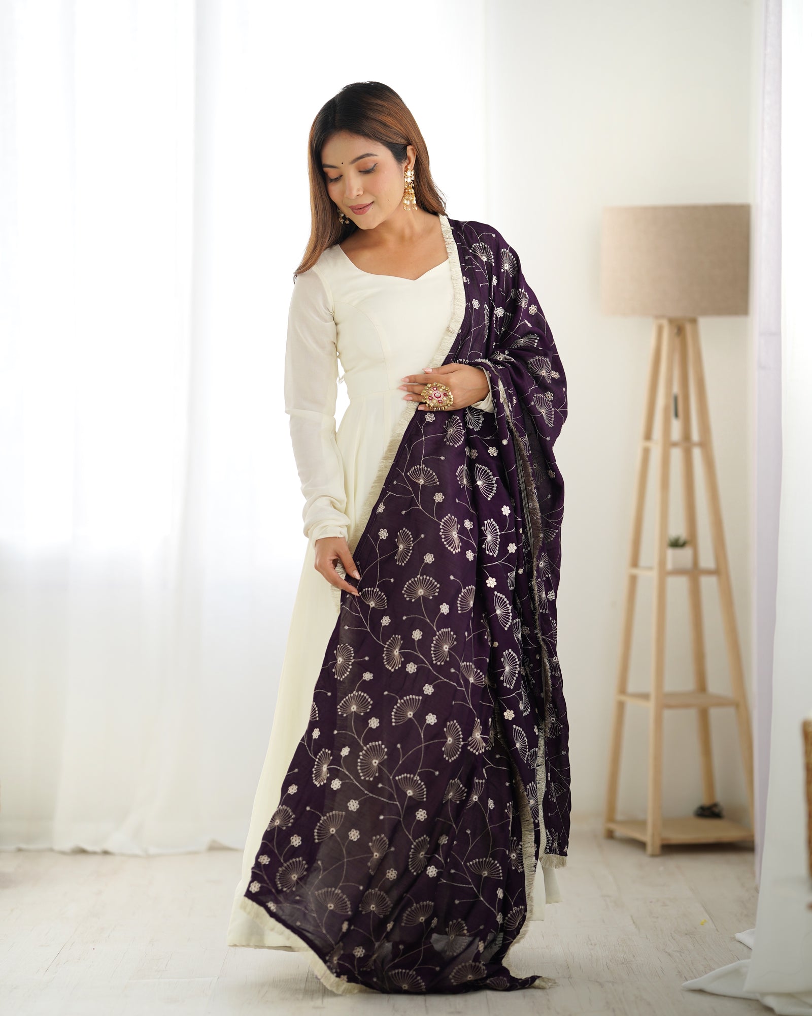 White Elegant Summer Festive Anarkali Suit with Dupatta Set