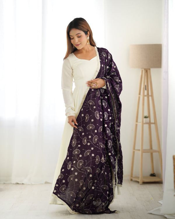 White Elegant Summer Festive Anarkali Suit with Dupatta Set