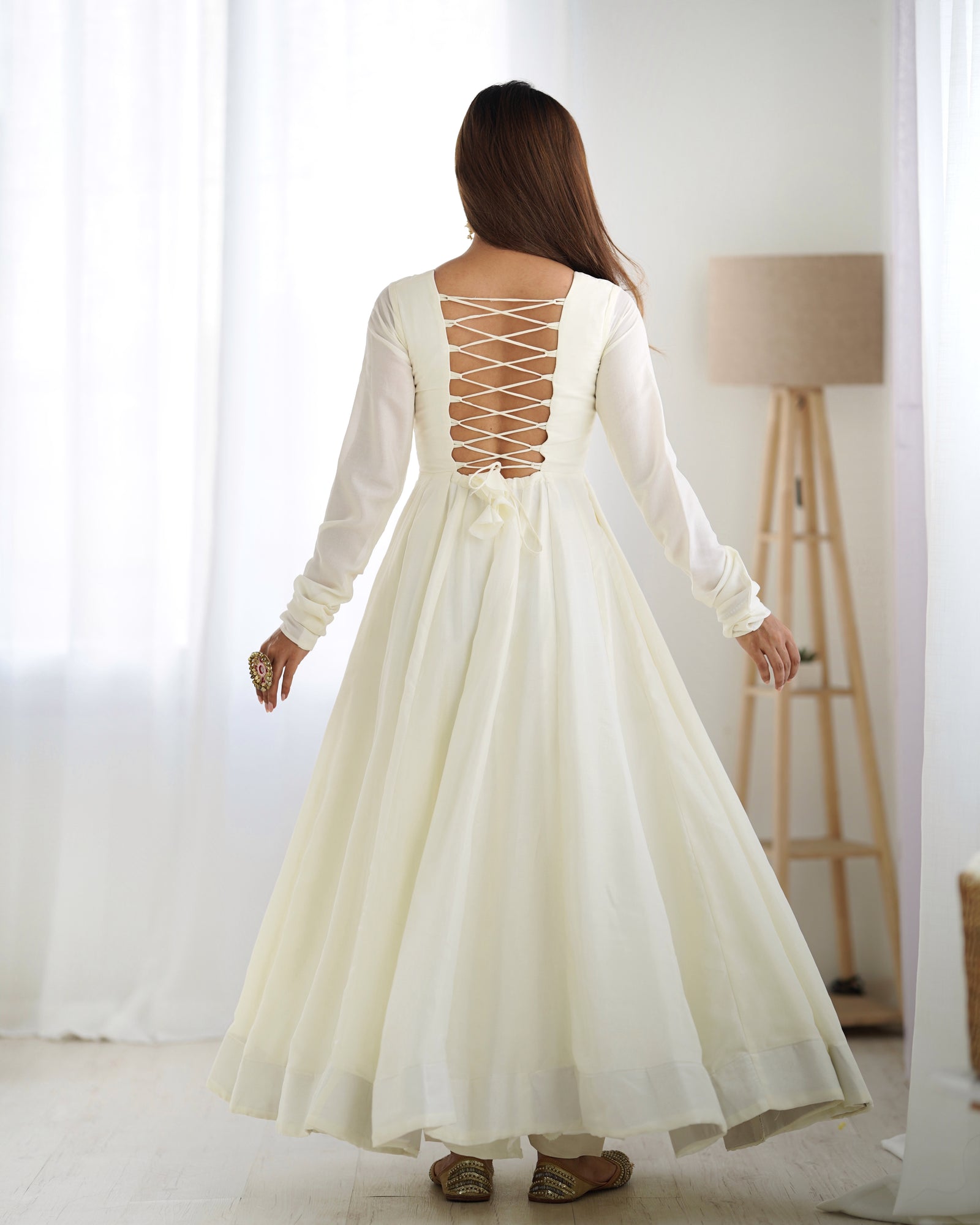 White Elegant Summer Festive Anarkali Suit with Dupatta Set