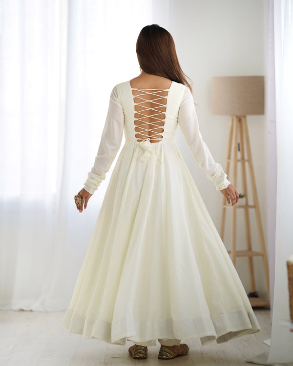 White Elegant Summer Festive Anarkali Suit with Dupatta Set