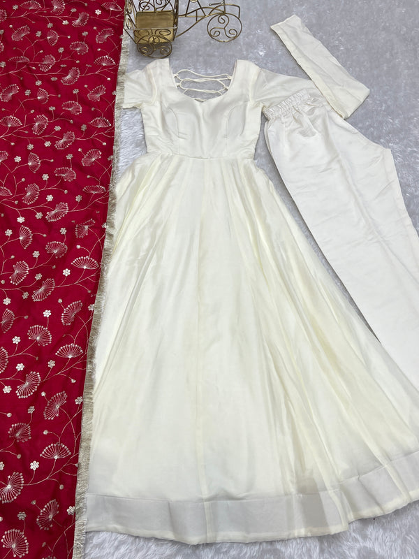 White Elegant Summer Festive Anarkali Suit with Dupatta Set