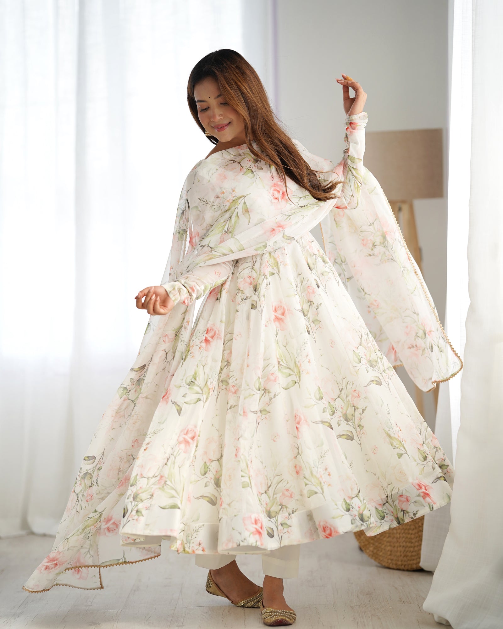 White Elegant Summer Wedding Anarkali Set in Pure Organza Silk with Dupatta