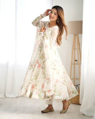 White Elegant Summer Wedding Anarkali Set in Pure Organza Silk with Dupatta