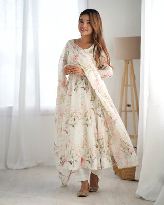 White Elegant Summer Wedding Anarkali Set in Pure Organza Silk with Dupatta