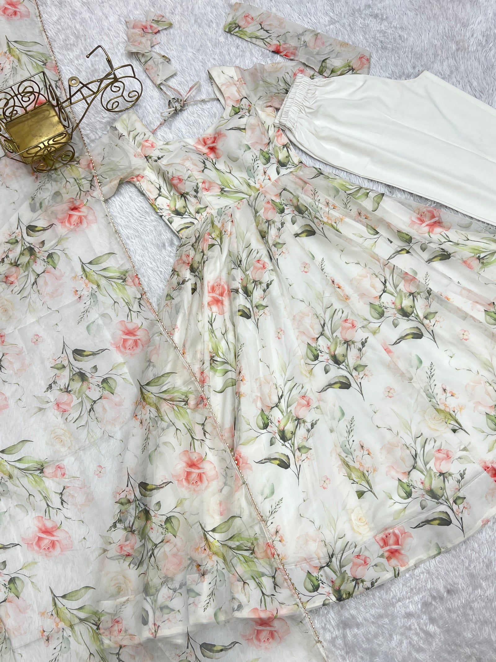 White Elegant Summer Wedding Anarkali Set in Pure Organza Silk with Dupatta