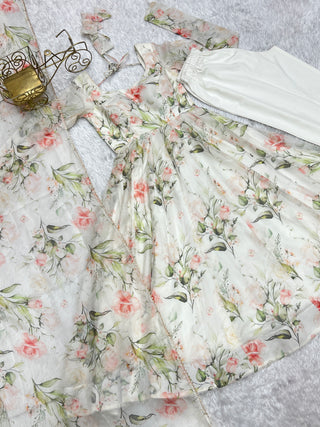 White Elegant Summer Wedding Anarkali Set in Pure Organza Silk with Dupatta