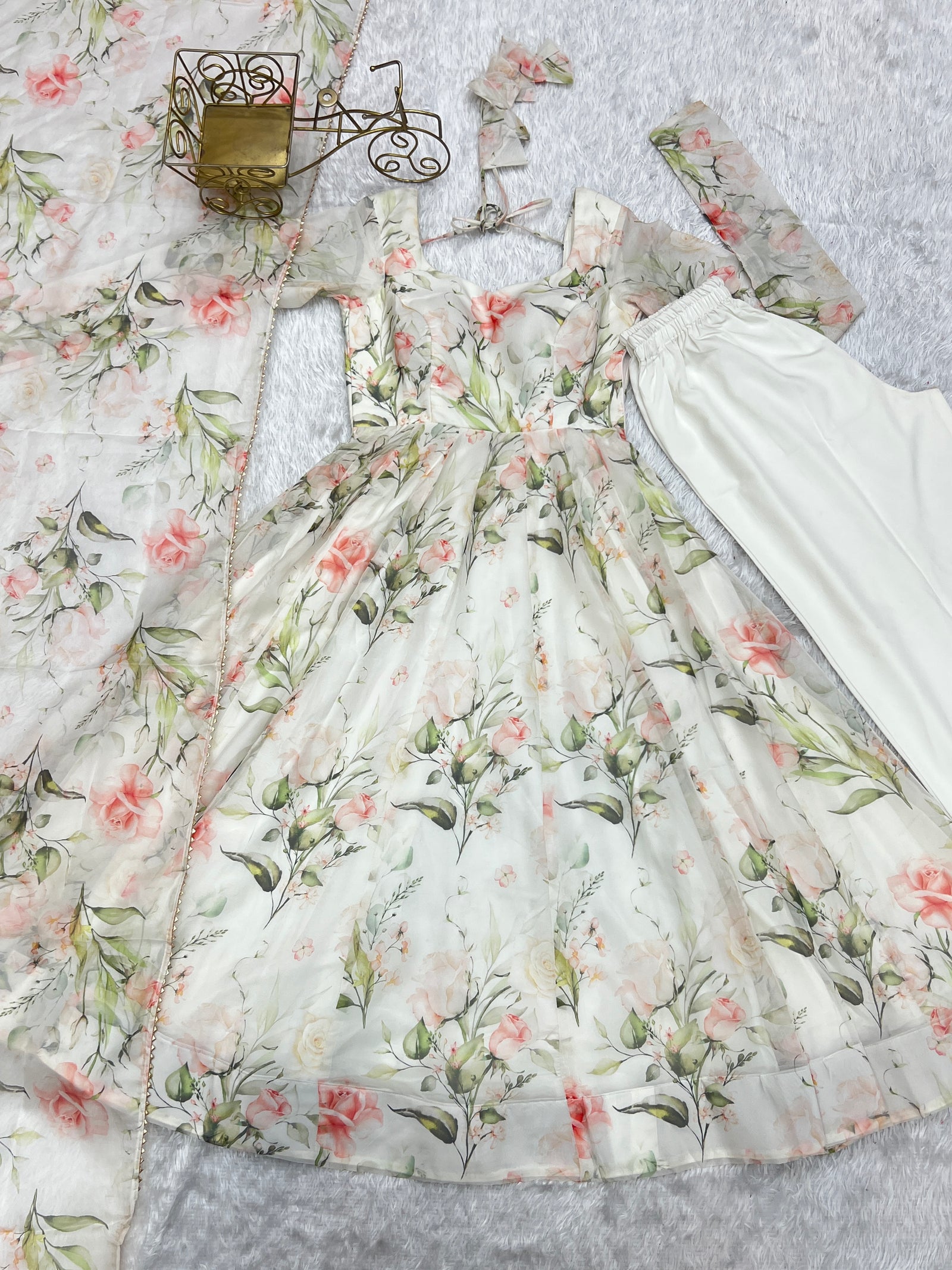 White Elegant Summer Wedding Anarkali Set in Pure Organza Silk with Dupatta